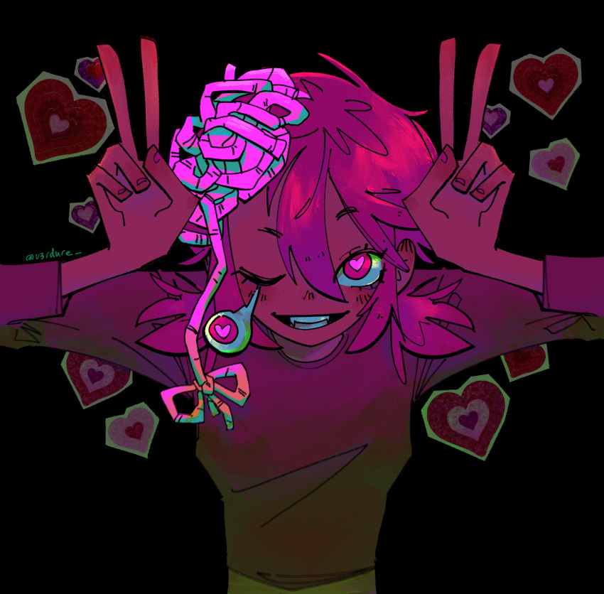 1girl absurdres black_background chainsaw_man cosmo_(chainsaw_man) dangling_eye double_v exposed_brain hair_ribbon heart heart-shaped_pupils highres looking_at_viewer parted_lips pink_eyes pink_hair pink_theme ribbon short_hair simple_background smile solo symbol-shaped_pupils twitter_username v v3rdure