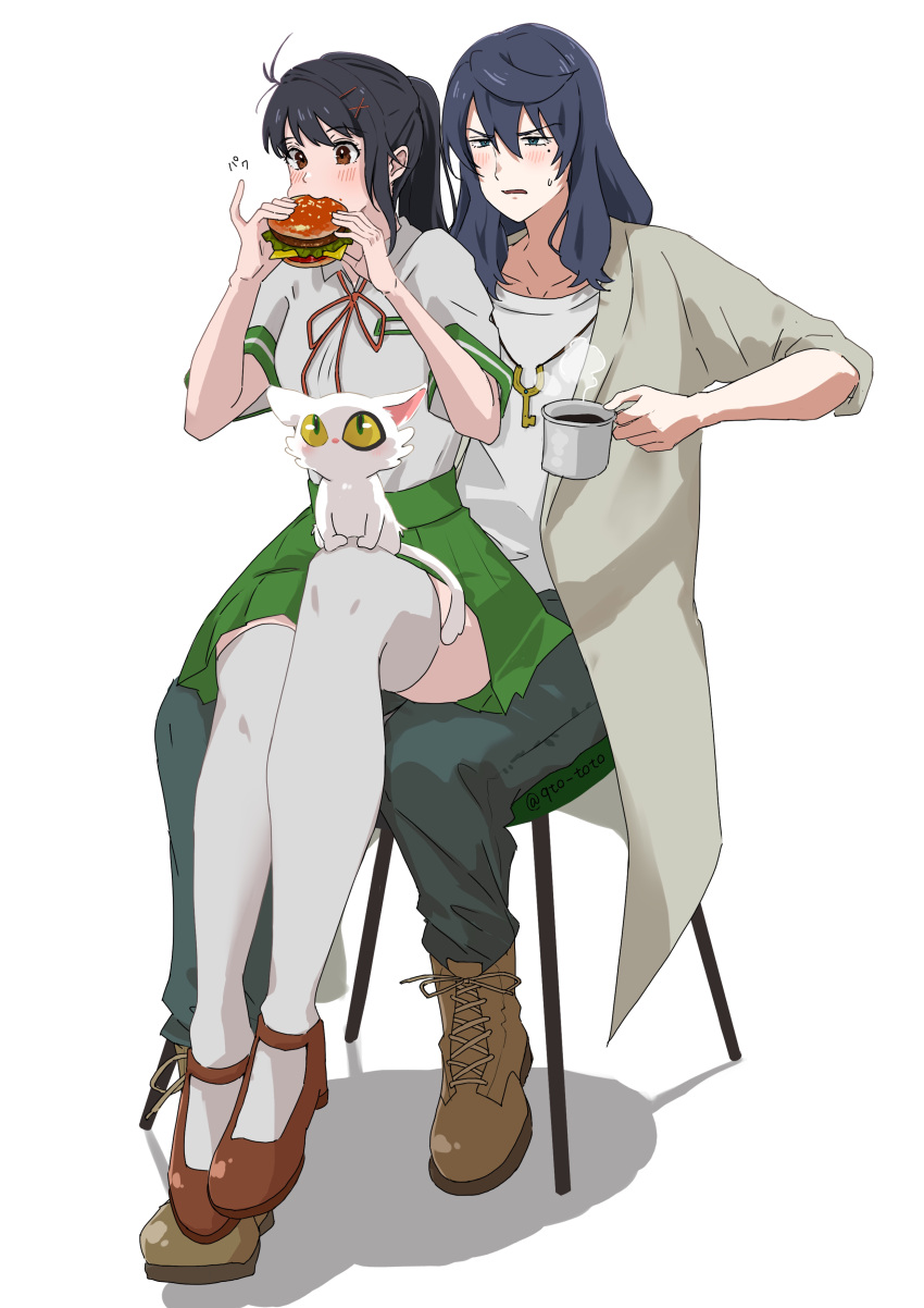 1boy 1girl absurdres age_difference ahoge animal_on_lap annoyed antenna_hair artist_name biting black_hair black_pants blue_eyes blush breasts brown_eyes brown_footwear burger cat cat_on_lap chair coffee coffee_mug collarbone colored_sclera commentary cup daijin_(suzume) dress_shirt drink eating food full_body green_eyes green_jacket green_skirt hair_between_eyes hair_ornament hair_strand hairclip highres holding holding_cup holding_drink holding_food iwato_suzume jacket jewelry key key_necklace knee_up long_hair looking_ahead looking_at_another looking_up mary_janes medium_breasts mug munakata_souta narrowed_eyes necklace on_chair on_lap pants parted_lips pinky_out pleated_skirt pocket ponytail qto_toto red_ribbon ribbon school_uniform sesame_seeds shadow shirt shoes short_sleeves signature single_sidelock sitting sitting_on_lap sitting_on_person skirt sleeves_rolled_up slit_pupils steam suzume_no_tojimari sweatdrop t-shirt thigh-highs translated twitter_username white_cat white_shirt white_thighhighs work_boots yellow_sclera
