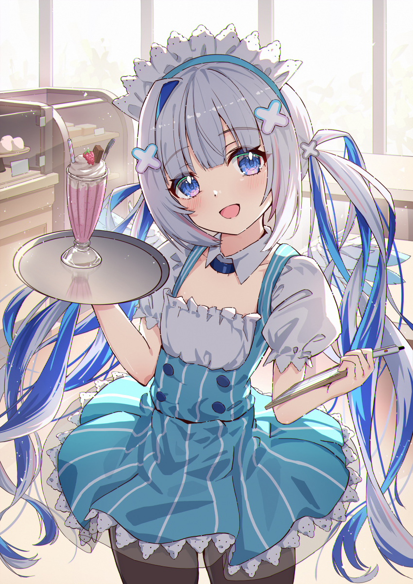 1girl absurdres alternate_costume amane_kanata angel_wings blue_eyes blue_hair blue_wings blunt_bangs blush cafe collar colored_inner_hair cup detached_collar dress drinking_glass drinking_straw enmaided feathered_wings gradient_wings grey_hair hair_ornament highres holding holding_tray hololive indoors juu_p long_hair looking_at_viewer maid maid_headdress mini_wings multicolored_hair multicolored_wings open_mouth pantyhose pink_hair puffy_short_sleeves puffy_sleeves short_sleeves sidelocks single_hair_intake smile solo streaked_hair tray twintails very_long_hair virtual_youtuber white_collar white_wings wings x_hair_ornament