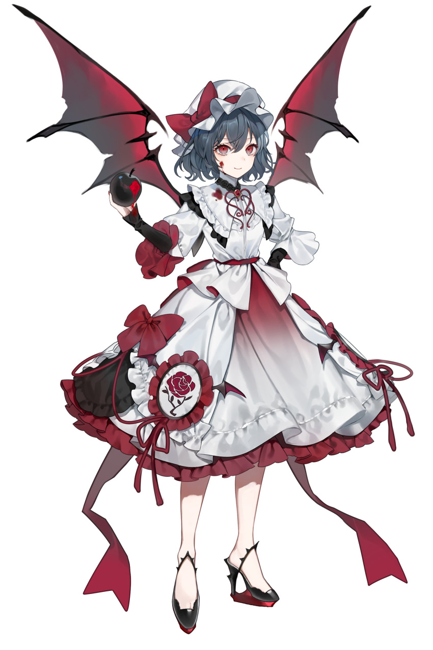 1girl absurdres apple bat_wings black_footwear blood blood_on_clothes blood_on_face closed_mouth collared_dress daimaou_ruaeru dress floral_print food fruit full_body grey_hair hair_between_eyes hat high_heels highres holding holding_food holding_fruit layered_sleeves long_sleeves mob_cap red_eyes red_ribbon red_wings remilia_scarlet ribbon rose_print short_hair short_over_long_sleeves short_sleeves simple_background smile solo touhou white_background white_dress white_headwear wings