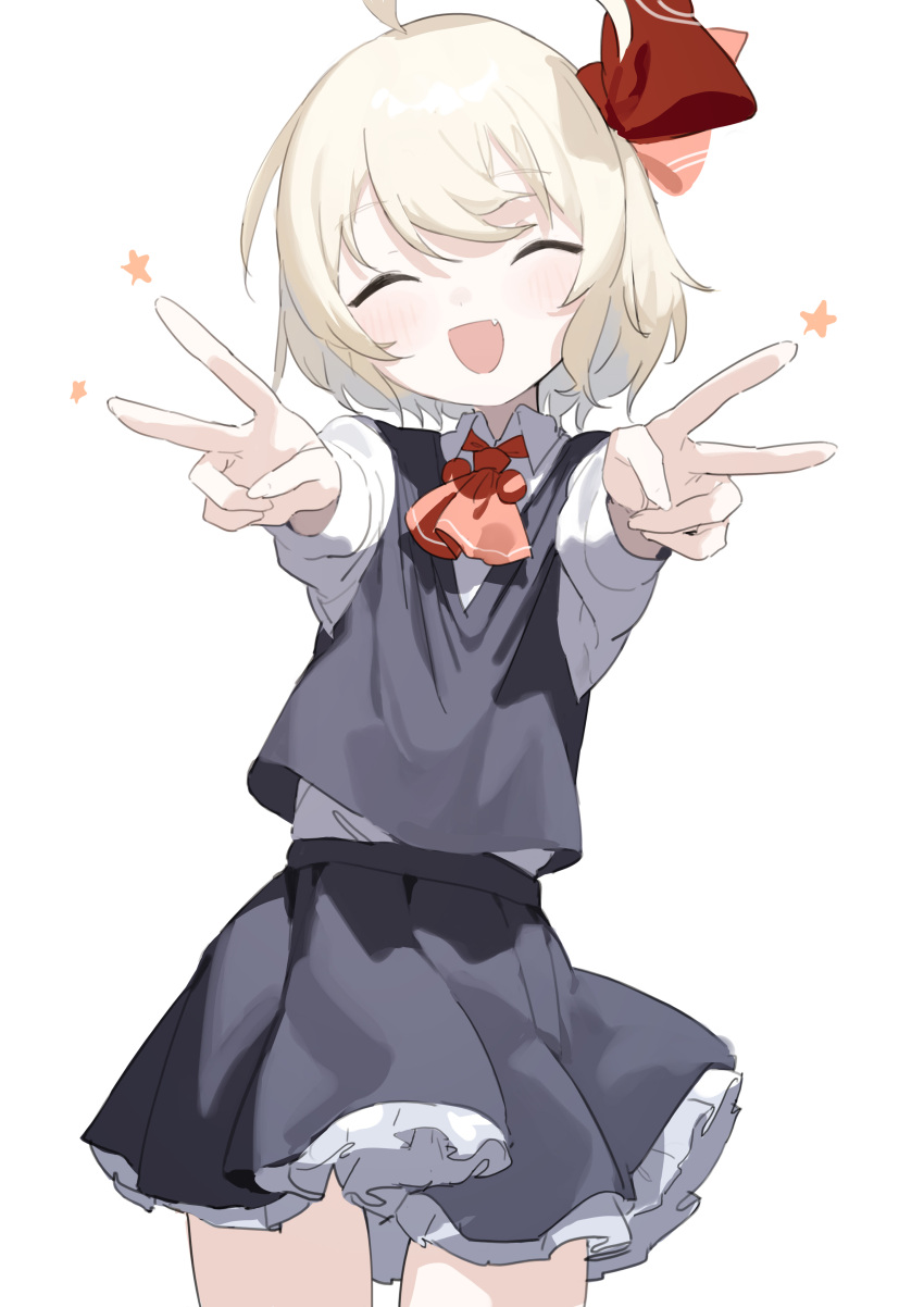 1girl absurdres ahoge ascot black_shirt black_skirt black_vest blonde_hair blush bow closed_eyes collared_shirt cowboy_shot double_v facing_viewer fang frilled_skirt frills hair_bow hair_ribbon highres long_sleeves open_mouth red_ascot red_bow red_ribbon ribbon rumia sh_(562835932) shirt short_hair simple_background skirt smile solo touhou v vest white_background white_shirt
