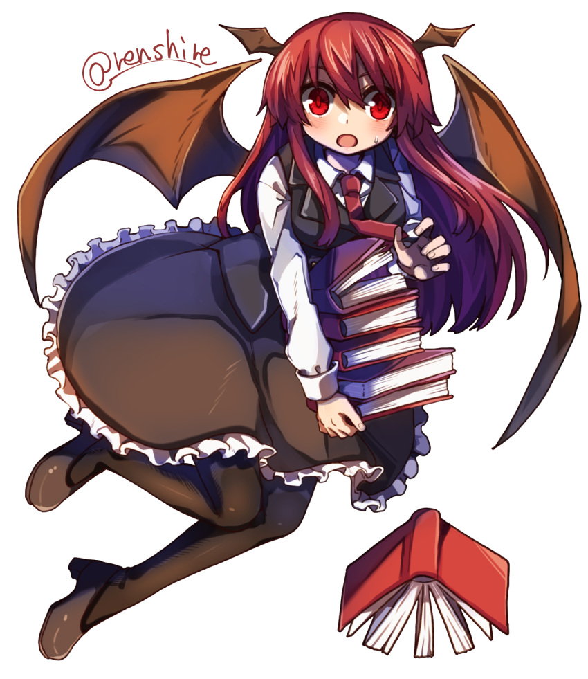 1girl bat_wings black_footwear black_pantyhose black_skirt black_vest book collared_shirt commentary full_body head_wings high_heels highres holding holding_book koakuma long_hair long_sleeves looking_at_viewer multiple_wings necktie one-hour_drawing_challenge open_mouth pantyhose red_eyes red_necktie redhead renshirenji shirt simple_background skirt solo touhou twitter_username vest white_background white_shirt wings