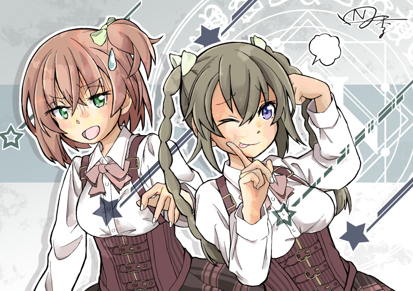 2girls ;p =3 amamiya_sophia_seren arm_at_side arm_up artist_name assault_lily belt belt_buckle bow bowtie braid breasts brown_belt brown_hair brown_skirt buckle closed_mouth collared_shirt commentary_request corset crossed_bangs dojikko_pose drop_shadow emblem fingernails furrowed_brow gradient_background green_bow green_eyes grey_background hair_between_eyes hair_bow hair_ribbon hand_on_own_head hand_up highres kishimoto_lucia_raimu long_hair looking_at_viewer ludvico_private_girls'_academy_school_uniform medium_breasts multiple_belts multiple_girls naganuki_shiki one_eye_closed one_side_up open_mouth orange_hair pink_bow pink_bowtie raised_eyebrows ribbon school_uniform shaded_face shirt short_hair signature skirt smile standing star_(symbol) suspenders sweatdrop tongue tongue_out twin_braids twintails underbust upper_body violet_eyes white_ribbon white_shirt
