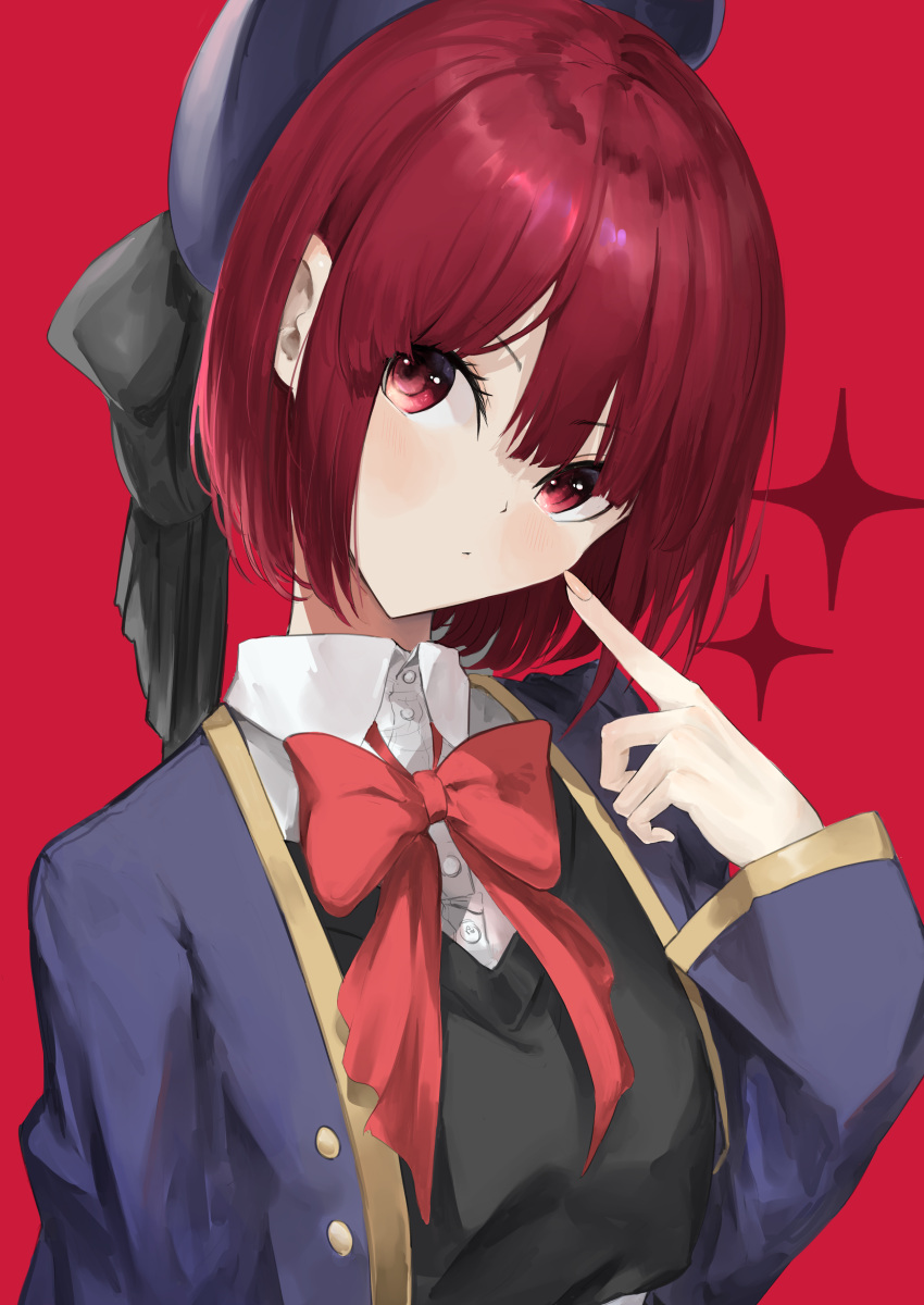 1girl absurdres arima_kana beret black_bow black_ribbon black_vest blue_headwear blush bob_cut bow bowtie closed_mouth commentary cropped_jacket hair_bow hat highres jacket kajuu long_sleeves open_clothes open_jacket oshi_no_ko pointing pointing_at_self red_background red_bow red_eyes red_ribbon redhead ribbon school_uniform shirt short_hair sidelocks simple_background solo sparkle vest white_shirt youtou_high_school_uniform