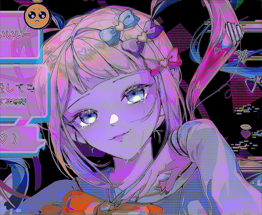 1girl abstract_background blue_bow blue_hair bow chouzetsusaikawa_tenshi-chan close-up crying crying_with_eyes_open distortion emoji glitch hair_bow hair_ornament halo heart heart_hair_ornament limited_palette long_hair long_sleeves looking_at_viewer multicolored_hair multicolored_nails multiple_hair_bows nagil_(myway09) needy_girl_overdose parted_lips pink_bow pink_hair pleading_face_emoji purple_bow quad_tails sailor_collar school_uniform serafuku smile solo tears violet_eyes