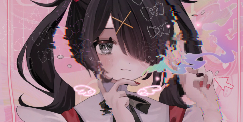 1girl abstract_background ame-chan_(needy_girl_overdose) black_eyes black_hair black_nails black_ribbon blush close-up cursor double_v glitch hair_ornament hair_over_one_eye hanataro_(sruvhqkehy1zied) heart heart-shaped_pupils highres jirai_kei light_smile looking_at_viewer medium_hair multicolored_nails neck_ribbon needy_girl_overdose pill pink_background pixelated red_nails red_shirt ribbon ringed_eyes shirt smoke solo symbol-shaped_pupils twintails v x_hair_ornament