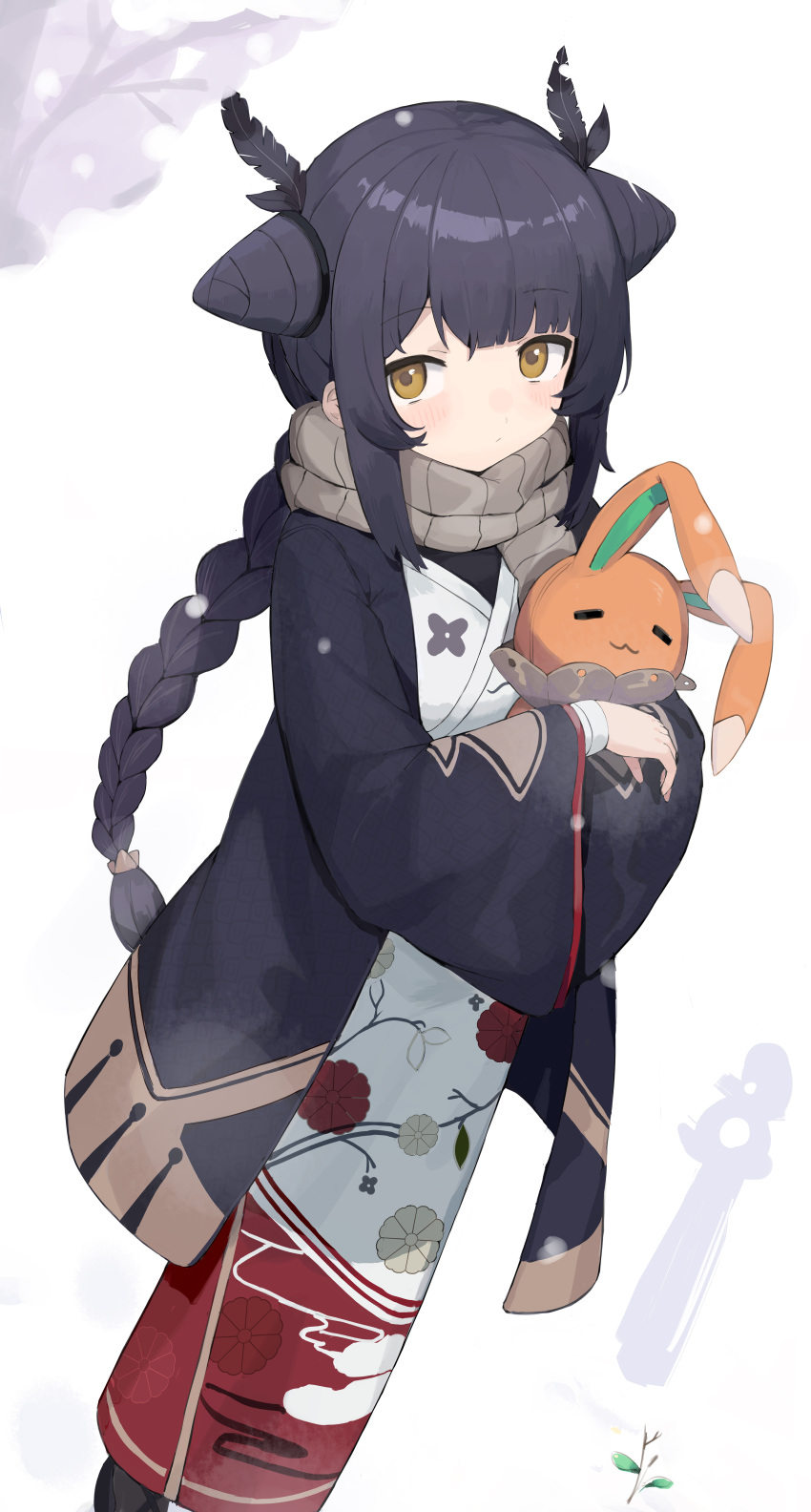 1girl absurdres arm_wrap black_hair braid braided_ponytail brown_eyes brown_scarf closed_mouth cone_hair_bun copyright_request double_bun feather_hair_ornament feathers floral_print hair_bun hair_ornament haori haruteru highres holding holding_toy japanese_clothes kimono light_blush long_hair long_sleeves looking_at_viewer print_kimono scarf sidelocks solo standing stuffed_toy toy white_background white_kimono