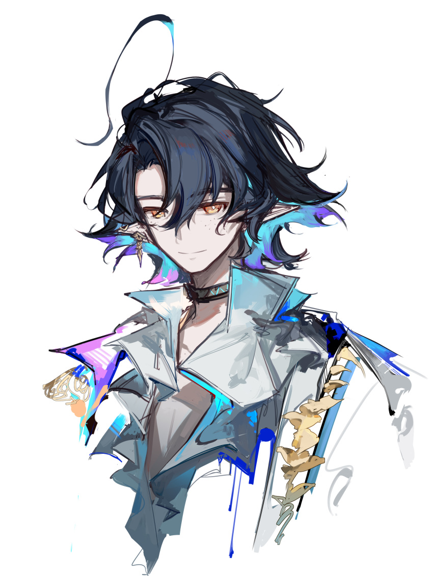 1boy absurdres arknights black_choker black_hair blue_hair choker closed_mouth colored_inner_hair dongsheng earrings freckles highres infection_monitor_(arknights) jewelry looking_at_viewer lumen_(arknights) lumen_(golden_dream)_(arknights) male_focus multicolored_hair open_clothes open_shirt orange_eyes pointy_ears shirt simple_background smile solo white_background white_shirt
