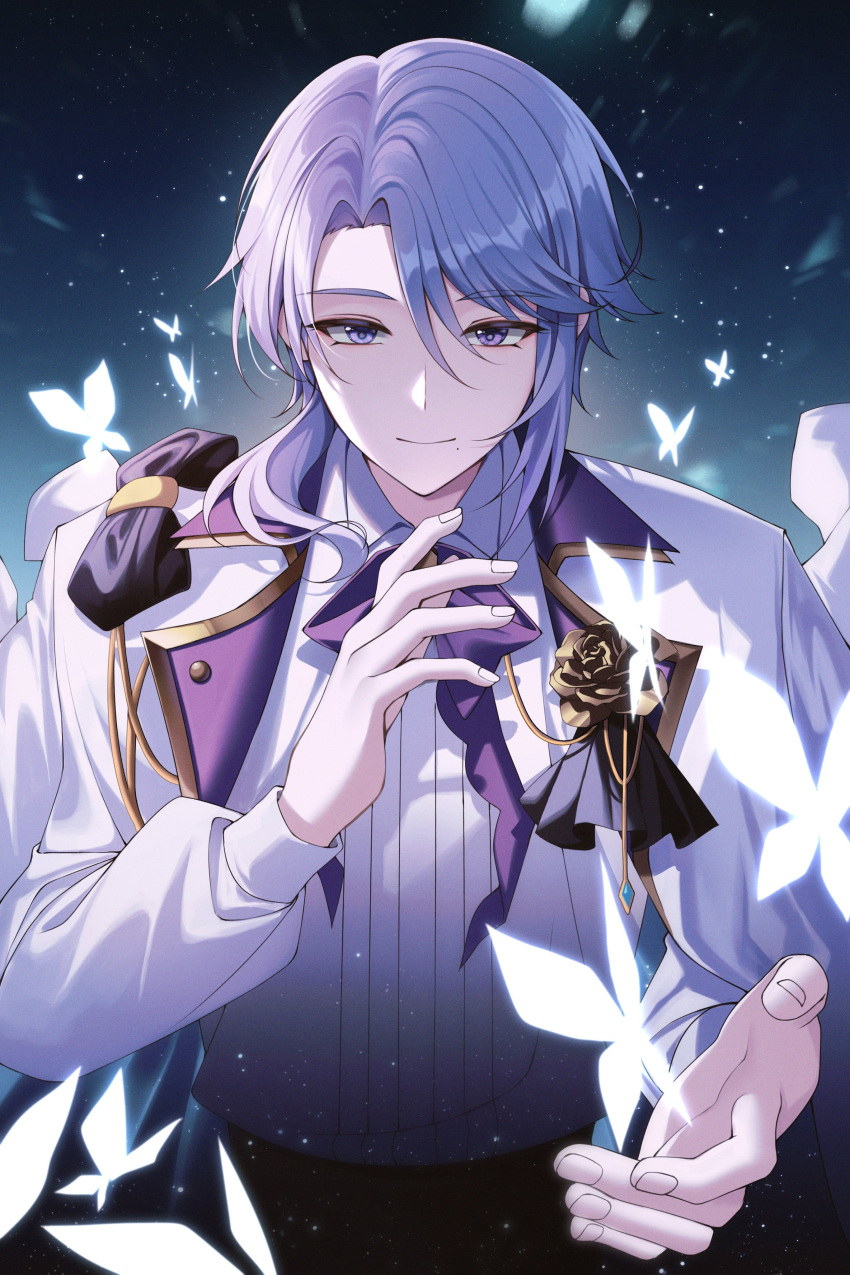 1boy absurdres ascot black_ascot black_bow black_pants blue_background blue_hair bow bowtie bug butterfly butterfly_wings closed_mouth collared_shirt fingernails flower flying genshin_impact gold_trim gradient_background hair_between_eyes hands_up highres jacket kamisato_ayato long_sleeves looking_at_viewer male_focus mole mole_under_mouth open_clothes open_jacket pants puffy_long_sleeves puffy_sleeves purple_bow purple_bowtie rose shirt short_hair smile solcha solo violet_eyes white_jacket white_shirt wings