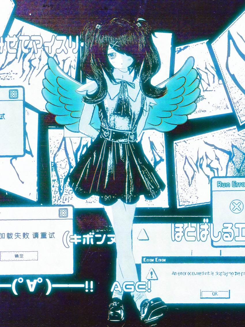 1girl absurdres ame-chan_(needy_girl_overdose) angel_wings arms_behind_back bloom chinese_text collared_shirt danmaku_comments dot_mouth error_message expressionless full_body hair_ornament hair_over_one_eye highres jirai_kei kaomoji long_hair looking_at_viewer monochrome neck_ribbon needy_girl_overdose ribbon shirt shirt_tucked_in simplified_chinese_text sketch skirt solo standing suspender_skirt suspenders twintails window_(computing) wings x_hair_ornament yamuiro