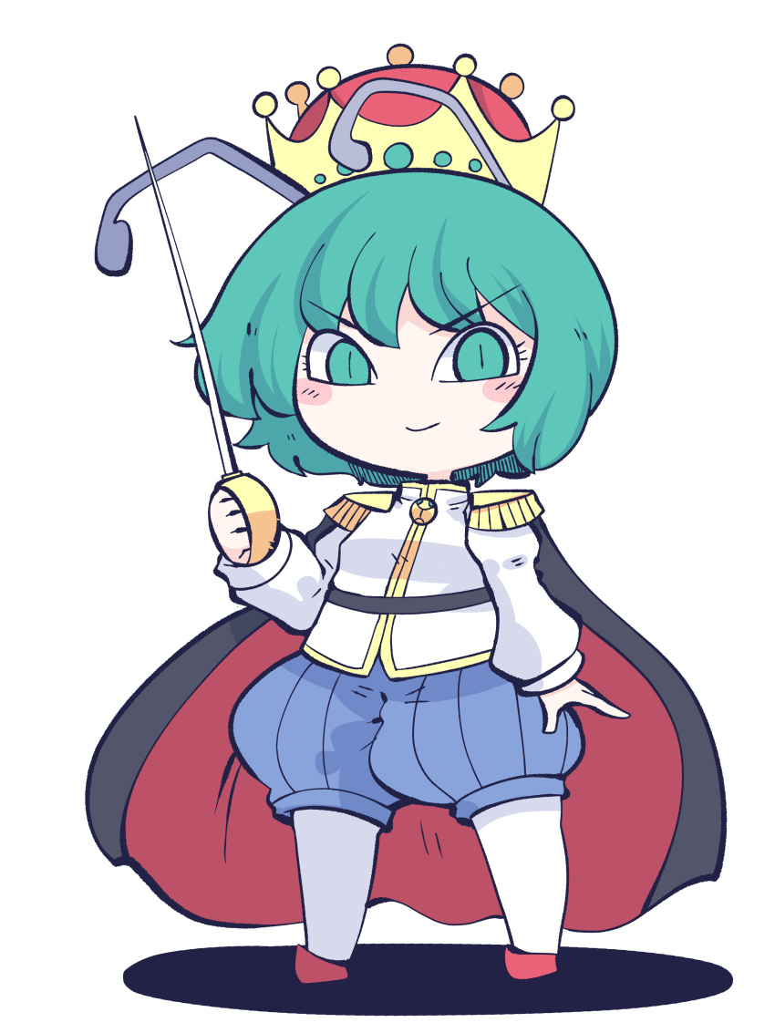 1girl absurdres antennae black_cape blue_shorts cape chahan_(fried_rice0614) closed_mouth commentary_request commission crown epaulettes full_body green_eyes green_hair highres holding holding_sword holding_weapon long_sleeves looking_at_viewer multiple_sources puffy_shorts red_footwear short_hair shorts simple_background skeb_commission smile solo standing sword third-party_source touhou v-shaped_eyebrows weapon white_background wriggle_nightbug
