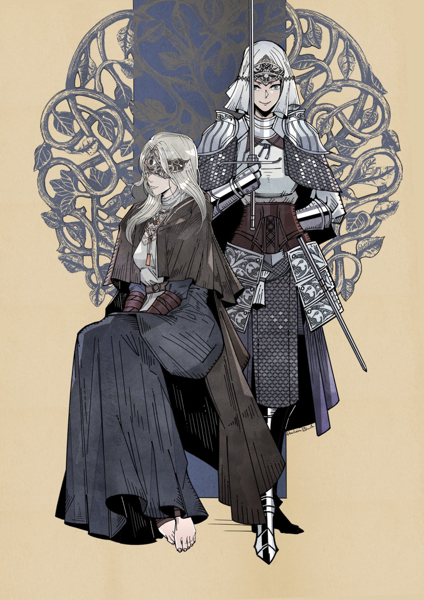 2girls armor barefoot blue_eyes boots cape capelet cloak covered_eyes dark_souls_(series) dark_souls_iii denny626 dress eye_mask fire_keeper gauntlets gloves gorget highres holding holding_sword holding_weapon jewelry long_hair looking_at_viewer mask multiple_girls shoulder_armor sirris_of_the_sunless_realms smile sword veil weapon white_veil