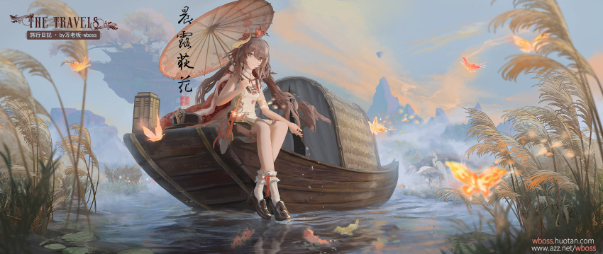 1girl black_footwear blue_sky boat brown_eyes brown_hair bug butterfly cape chinese_clothes clouds dress flower-shaped_pupils fur-trimmed_cape fur_trim genshin_impact glowing_butterfly hair_ornament hat highres holding holding_umbrella hu_tao_(genshin_impact) loafers long_hair looking_at_viewer oil-paper_umbrella outdoors plant pond porkpie_hat red_cape scenery shoes side_slit sitting sky solo symbol-shaped_pupils umbrella water watercraft wboss