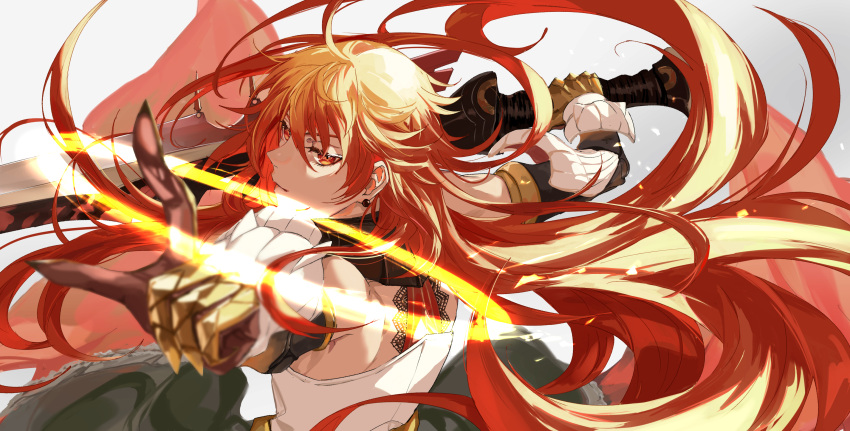 1boy absurdres back bare_shoulders detached_collar detached_sleeves earrings fate/grand_order fate_(series) gauntlets highres holding holding_sword holding_weapon jewelry long_hair looking_at_viewer nose over_shoulder pointing rama_(fate) red_eyes redhead shirt sword sword_over_shoulder tsubashima weapon weapon_over_shoulder white_background white_shirt
