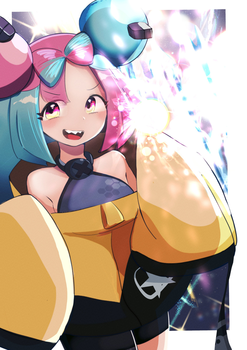 1girl absurdres bare_shoulders blue_hair bow-shaped_hair character_hair_ornament eyelashes hair_ornament highres holding holding_poke_ball iono_(pokemon) jacket kayucha_(xnsushi) long_hair long_sleeves multicolored_hair oversized_clothes pink_eyes pink_hair poke_ball pokemon pokemon_(game) pokemon_sv sharp_teeth sleeves_past_fingers sleeves_past_wrists solo teeth two-tone_hair upper_teeth_only yellow_jacket
