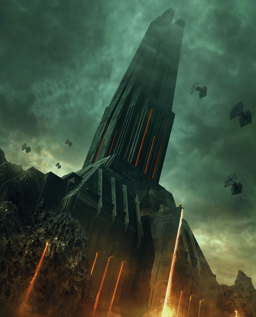 architecture black_cape building cape castle clouds cloudy_sky commentary darth_vader energy_sword english_commentary flying highres landscape lightsaber marcsimonetti molten_rock obsidian_rock red_lightsaber scenery science_fiction sky spacecraft standing standing_on_one_leg star_wars sword tie_fighter weapon
