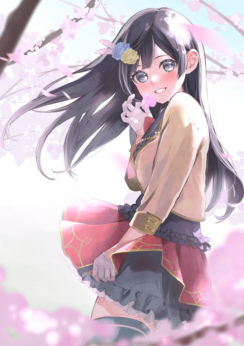 1girl afterschool_school_idol_(love_live!) black_hair black_skirt black_thighhighs blazer brown_jacket cherry_blossoms commentary flower frilled_skirt frills from_side gloves grey_eyes grin hair_flower hair_ornament highres hinami_riku idol_clothes jacket lapels layered_skirt long_hair looking_at_viewer love_live! love_live!_nijigasaki_high_school_idol_club miniskirt outdoors red_skirt skirt sleeves_past_elbows smile solo thigh-highs white_gloves wrist_cuffs yellow_jacket yuuki_setsuna_(love_live!) zettai_ryouiki