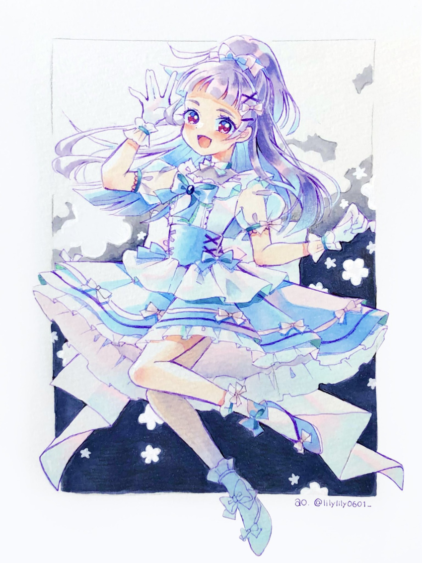 1girl blue_corset blue_footwear blush bow corset gloves hair_bow hair_ornament hairclip half_updo highres izayoi_liko lilylily0601 long_hair mahou_girls_precure! open_mouth pink_eyes precure purple_hair smile solo white_gloves x_hair_ornament