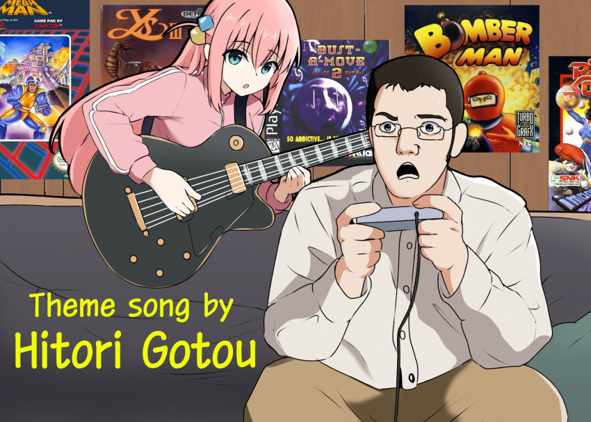 1boy 1girl amogan angry angry_video_game_nerd blue_eyes bocchi_the_rock! bomberman brown_hair bust_a_move collared_shirt couch crossover cube_hair_ornament electric_guitar english_commentary english_text frown gibson_les_paul glasses gotou_hitori guitar hair_ornament highres holding holding_instrument instrument jacket james_rolfe mega_man_(series) nes_gamepad on_couch open_mouth parody pink_hair pink_jacket pink_track_suit poster_(object) shirt teeth track_jacket ys ys_iii_wanderers_of_ys