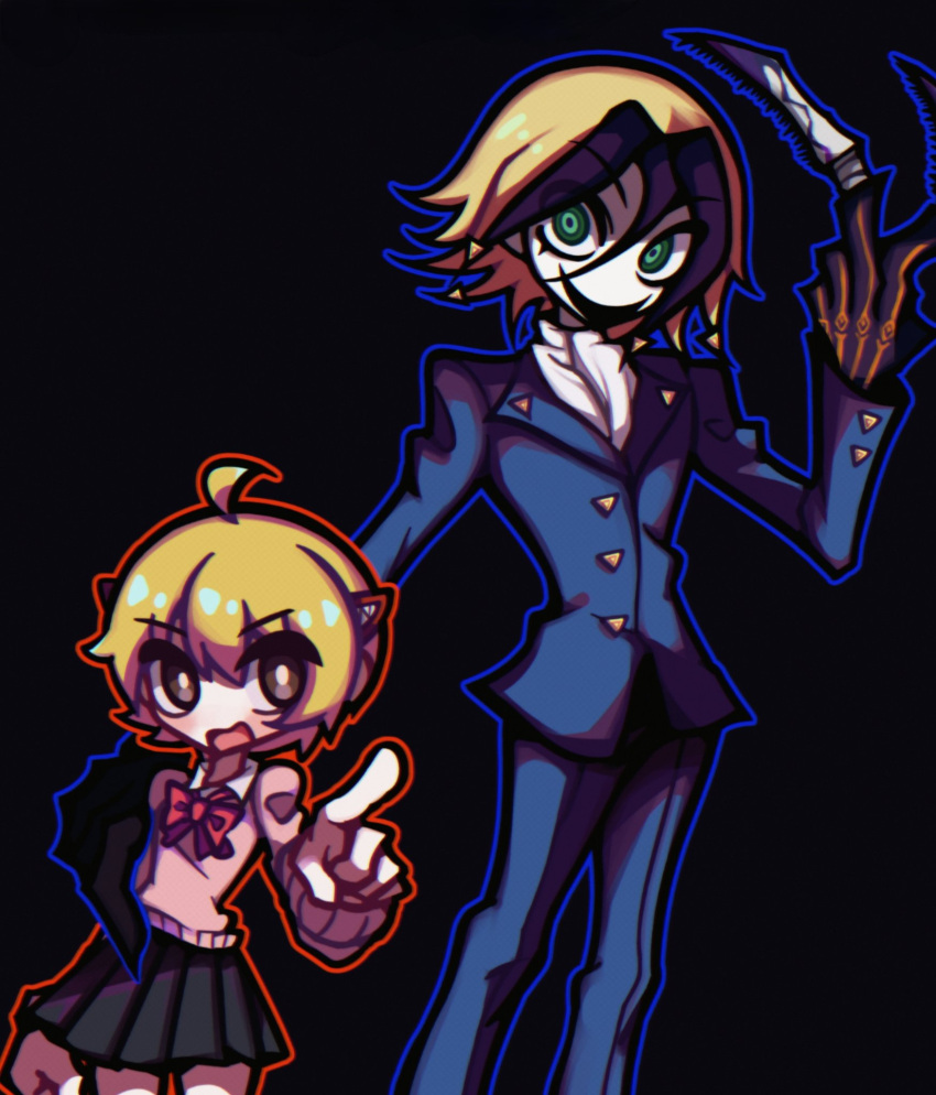 &gt;:) 1boy 1girl ahoge ayekakachan black_background black_footwear blonde_hair blue_outline blue_pants blue_suit bob_cut bow bowtie brown_eyes claws commentary cropped dark_background dyed_bangs eyes_visible_through_hair flipped_hair formal gloves green_eyes grey_skirt hair_between_eyes hair_ornament hairclip hand_on_another's_arm hand_on_another's_hip height_difference highres jacket katsuragi_yako long_sleeves majin_tantei_nougami_neuro medium_hair multicolored_hair nougami_neuro outline pants petite pink_sweater pixie_cut pleated_skirt pointing pointing_at_viewer red_outline shirt short_hair simple_background skirt smile standing suit suit_jacket sweater two-tone_hair v-shaped_eyebrows white_shirt