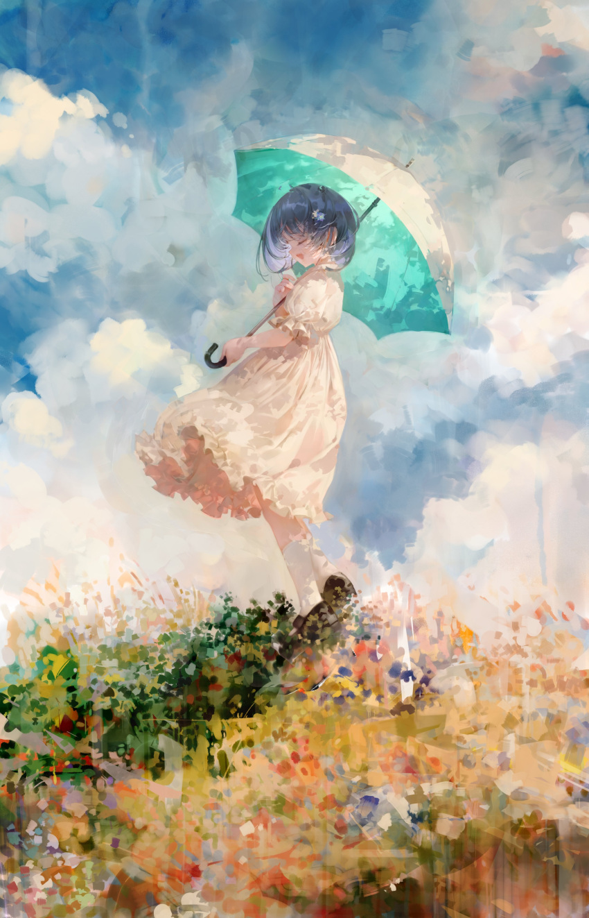 1girl absurdres black_hair blue_sky closed_eyes clouds commentary dress faux_traditional_media flower from_side hair_ornament highres holding holding_umbrella open_mouth original puffy_short_sleeves puffy_sleeves short_hair short_sleeves sky smile solo symbol-only_commentary toiku umbrella white_dress