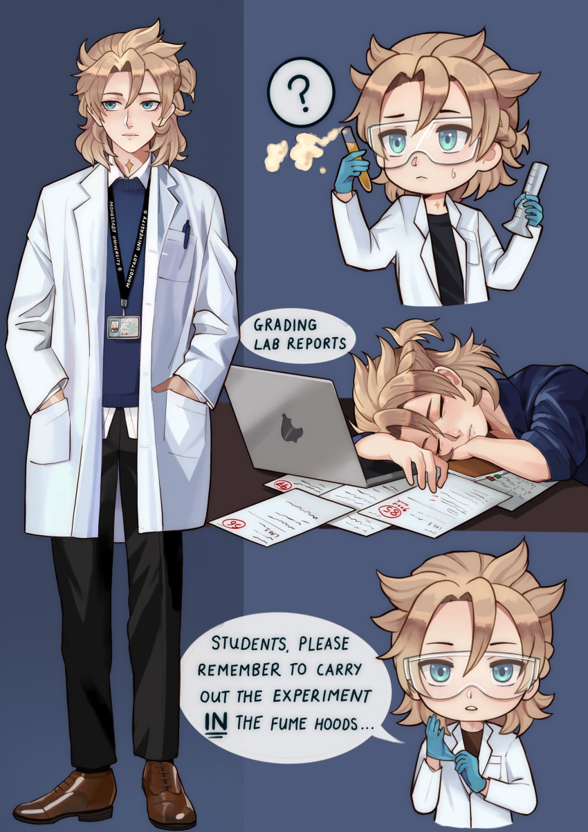 1boy ? absurdres albedo_(genshin_impact) alternate_costume angryoats aqua_eyes black_pants blonde_hair blue_gloves blue_shirt english_text genshin_impact glasses gloves highres id_card jacket long_sleeves male_focus notebook pants paper pen shirt sleeping white_jacket