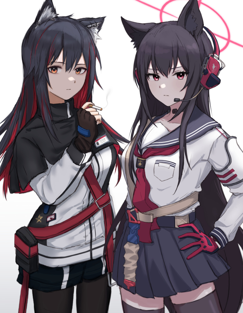 2girls absurdres animal_ear_fluff animal_ears arknights belt black_gloves black_hair black_pantyhose black_skirt black_thighhighs blue_archive breast_pocket cigarette collarbone colored_inner_hair commentary_request earrings fingerless_gloves fox_ears fox_tail gloves hair_between_eyes halo hand_on_own_hip headset highres holding holding_cigarette id_card jewelry long_hair long_sleeves look-alike looking_at_viewer multicolored_hair multiple_girls orange_eyes pantyhose pleated_skirt pocket red_eyes red_gloves school_uniform serafuku shoulder_belt sidelocks simple_background skirt smoke smoking suzutaro tail texas_(arknights) thigh-highs two-tone_gloves two-tone_hair white_background wolf_ears wolf_girl yukino_(blue_archive) zettai_ryouiki