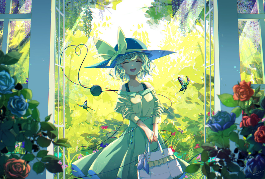1girl absurdres adapted_costume animal bag black_headwear blue_flower blue_rose blush bug butterfly closed_eyes facing_viewer flower green_hair green_skirt hat hat_ribbon heart heart_of_string highres holding holding_bag komeiji_koishi noumin_joemanyodw open_mouth pleated_skirt red_flower red_rose ribbon rose shirt short_hair skirt smile solo teeth third_eye touhou upper_teeth_only yellow_ribbon yellow_shirt