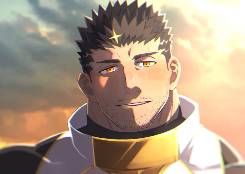 1boy asahi_(zabaniyan) beard black_hair blush close-up clouds cloudy_sky facial_hair highres looking_at_viewer male_focus manly mature_male muscular muscular_male open_mouth short_hair sky smile solo sparkle spiky_hair sunset thick_eyebrows tokyo_afterschool_summoners yellow_eyes zabaniyya_(housamo)