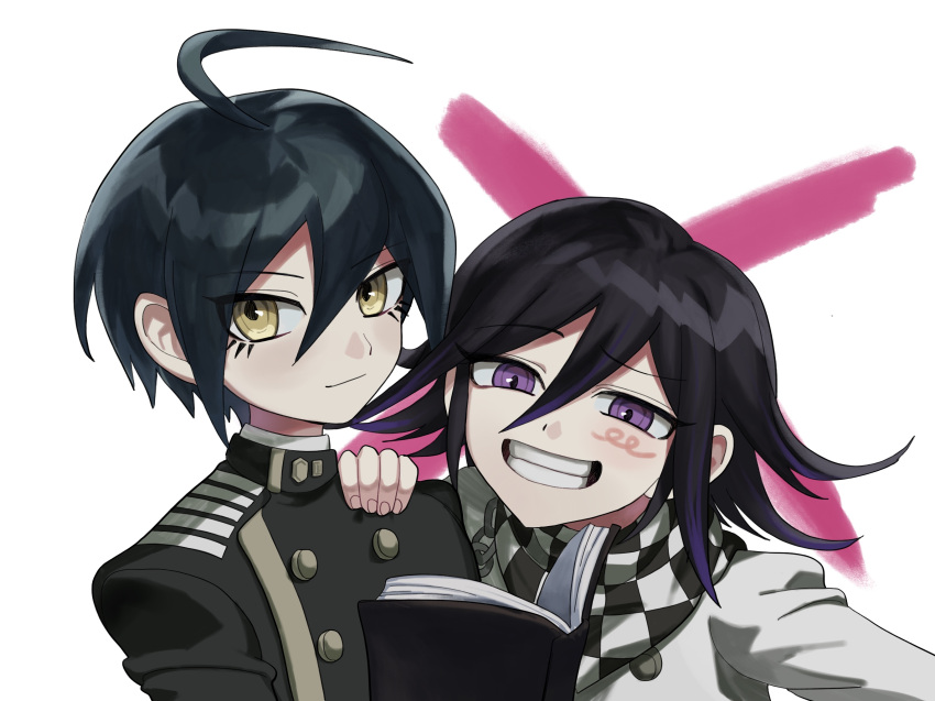 2boys ahoge black_hair book brown_eyes buttons chain checkered_clothes checkered_scarf cross danganronpa_(series) danganronpa_v3:_killing_harmony double-breasted grey_background grey_jacket grin hair_between_eyes haji_(hajimaji) hand_on_another's_shoulder highres holding holding_book jacket looking_at_viewer male_focus multicolored_hair multiple_boys oma_kokichi open_book purple_hair saihara_shuichi scarf short_hair smile teeth two-tone_hair violet_eyes