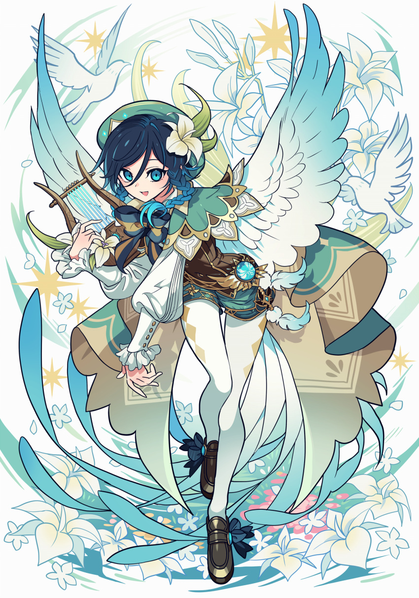 1boy :&gt; angel_wings aqua_hair beret bird black_bow black_bowtie black_hair bow bowtie braid brown_bow brown_bowtie brown_footwear cape commentary dove feathered_wings floral_background flower frilled_sleeves frills full_body genshin_impact gradient_hair grass green_cape green_eyes green_headwear harp hat hat_flower highres holding holding_instrument instrument juliet_sleeves leaning_forward long_sleeves looking_at_viewer male_focus meremero multicolored_hair orange_flower pantyhose pink_flower puffy_sleeves short_hair shorts simple_background solo sparkle striped striped_bow striped_bowtie twin_braids venti_(genshin_impact) vision_(genshin_impact) white_background white_flower white_pantyhose wings