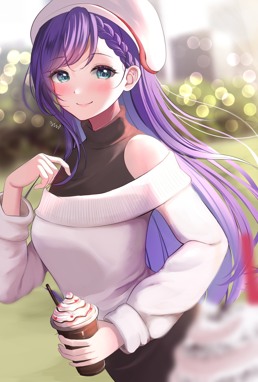 1girl absurdres blush braid closed_mouth coffee glass green_eyes hat highres long_hair long_sleeves materu_(2532) off_shoulder original purple_hair smile solo sweater white_headwear white_sweater