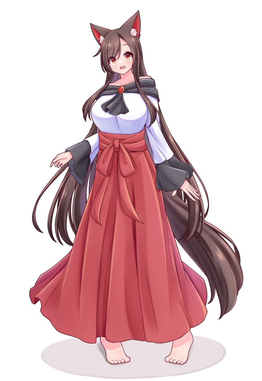 1girl adapted_costume animal_ears barefoot brown_hair commentary full_body hakama hakama_skirt hashi2387 highres imaizumi_kagerou japanese_clothes long_hair long_skirt looking_at_viewer off_shoulder red_eyes red_skirt simple_background skirt solo standing tail touhou white_background wolf_ears wolf_girl wolf_tail