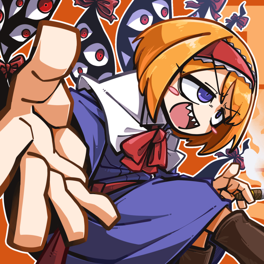 1girl alice_margatroid amerika_zarigani blonde_hair blue_dress blush blush_stickers boots bow bowtie brown_footwear cigar commentary_request cookie_(touhou) dress feet_out_of_frame flat_chest gap_(touhou) hairband highres holding holding_cigar looking_afar medium_bangs open_mouth orange_footwear red_bow red_bowtie red_hairband red_sash sash sharp_teeth short_hair smile smoke solo taisa_(cookie) teeth touhou v-shaped_eyebrows violet_eyes