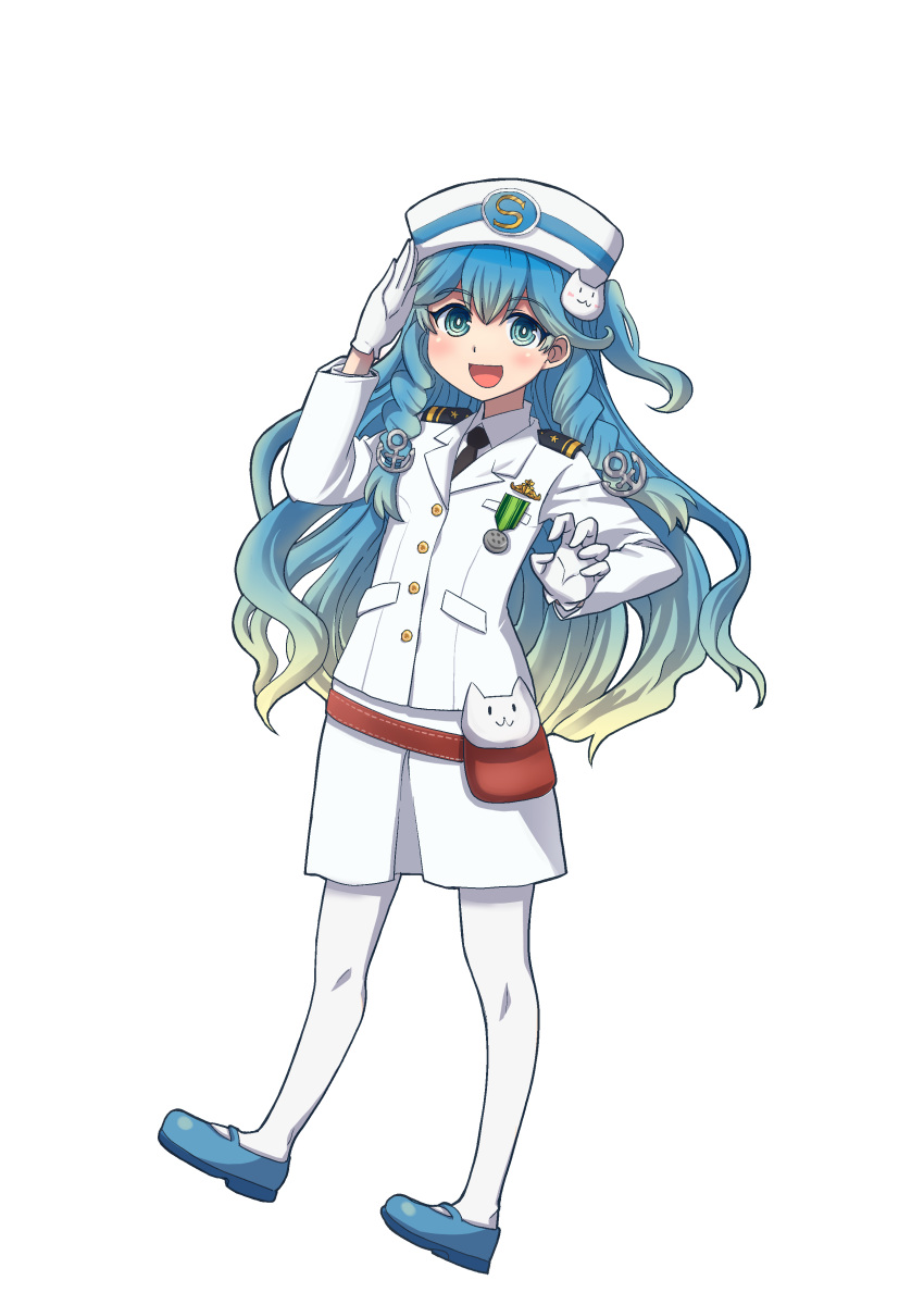 1girl absurdres anchor_hair_ornament blue_eyes blue_footwear blue_hair blush braid cat_hair_ornament character_request collared_shirt commentary_request epaulettes full_body gloves gradient_hair hair_ornament hat highres jacket japan_self-defense_force long_hair medal military military_uniform multicolored_hair necktie nogami_takeshi open_mouth original pantyhose shirt shizuoka_prefecture side_braids skirt smile solo transparent_background two-tone_hair uniform white_gloves white_hair white_jacket white_pantyhose white_skirt