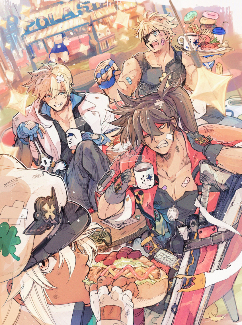1_ssmk 1girl 3boys absurdres bandages bandaid blonde_hair blue_eyes brown_eyes brown_hair clover collarbone cup dark-skinned_female dark_skin eating english_text eyepatch family father_and_son fingerless_gloves food four-leaf_clover french_fries gloves grandfather_and_grandson guilty_gear guilty_gear_strive hair_between_eyes hat highres holding holding_cup indoors ky_kiske long_hair military_hat multiple_boys muscular muscular_male outrage_mk_ii pectorals ponytail ramlethal_valentine sheath sheathed short_hair sin_kiske sitting smile sol_badguy sword table thunderseal tray weapon