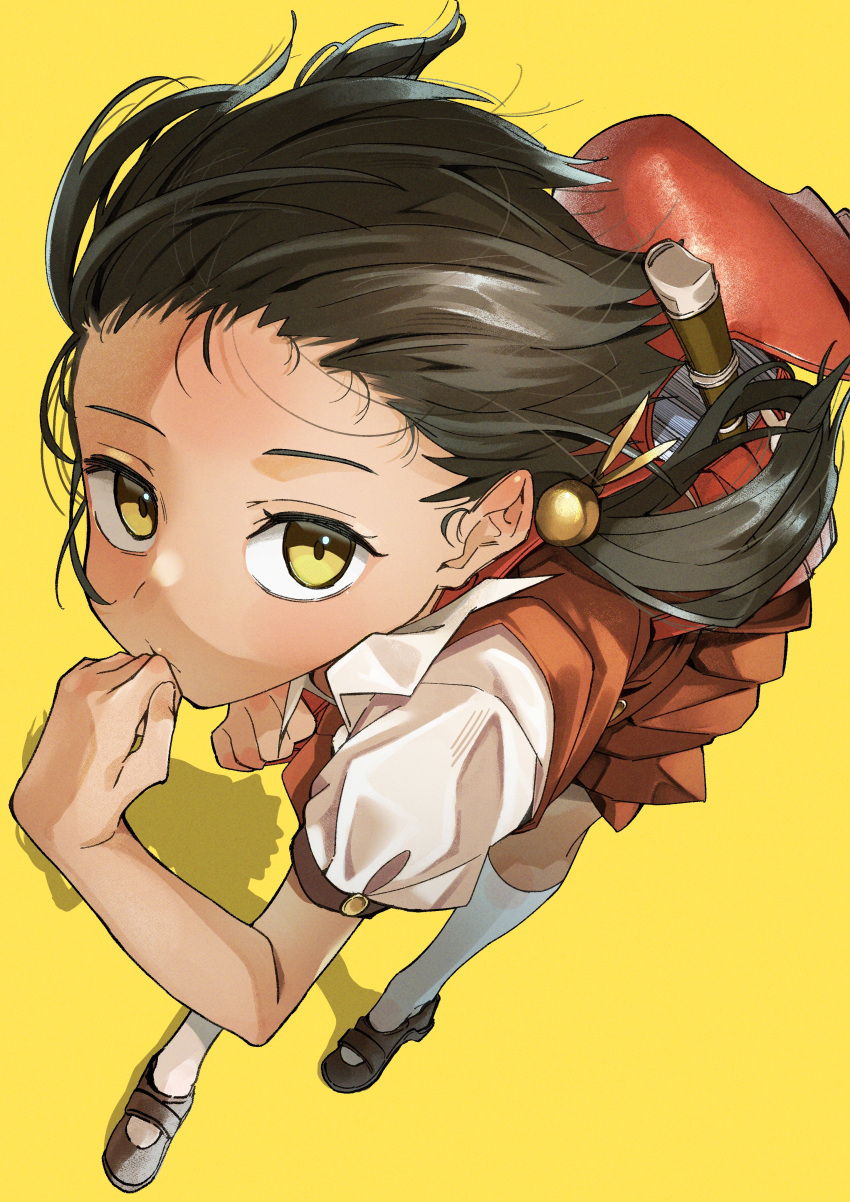 1girl absurdres backpack bag black_hair commentary dress expressionless finger_to_mouth floating_hair forehead foreshortening from_above hair_bobbles hair_ornament hair_strand highres holding_strap inoue_shuugorou instrument kaai_yuki kneehighs kyoufuu_all_back_(vocaloid) light_blush looking_at_viewer looking_up low_twintails mary_janes pinafore_dress pleated_dress puffy_short_sleeves puffy_sleeves randoseru recorder red_bag red_dress shadow shirt shoes short_sleeves simple_background sleeveless sleeveless_dress socks solo standing twintails vocaloid white_shirt white_socks yellow_background yellow_eyes