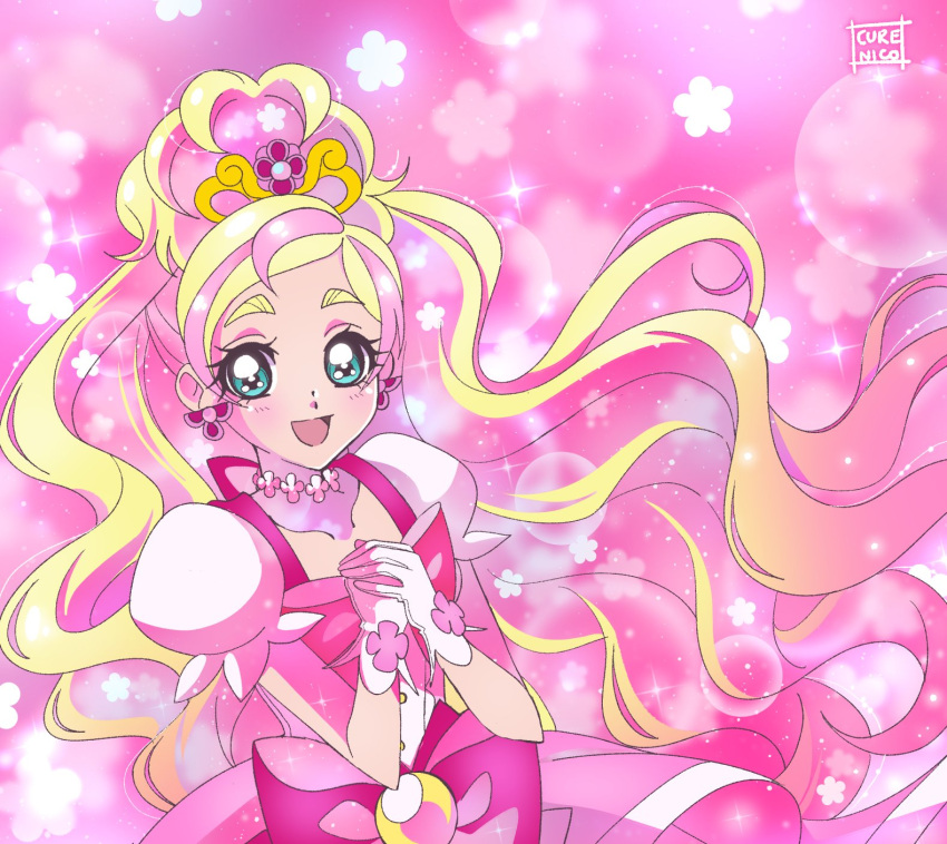 1girl blonde_hair blue_eyes bow cure_flora cure_nico earrings gloves go!_princess_precure haruno_haruka high_ponytail highres jewelry long_hair magical_girl multicolored_hair pink_bow pink_eyes precure puffy_short_sleeves puffy_sleeves short_sleeves solo streaked_hair white_gloves