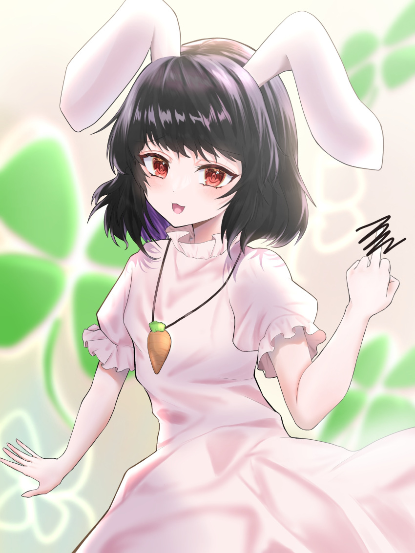 1girl :d absurdres animal_ears black_hair bloom blurry blurry_background carrot_necklace censored clover cowboy_shot dress flat_chest floppy_ears four-leaf_clover hand_up highres inaba_tewi jewelry looking_at_viewer medium_hair middle_finger necklace nyarocks pink_dress puffy_short_sleeves puffy_sleeves rabbit_ears red_eyes short_sleeves smile solo touhou