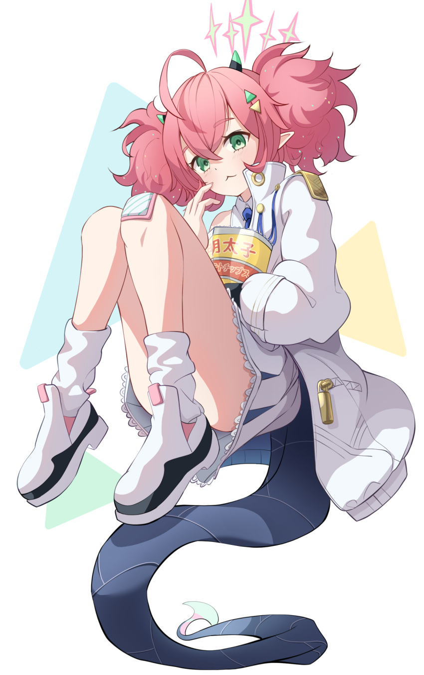 1girl :3 ahoge blue_archive chips_(food) collared_shirt commentary_request demon_girl demon_horns demon_tail food green_eyes hair_between_eyes halo highres holding_snack horns knees_up long_hair long_sleeves looking_at_viewer momoka_(blue_archive) necktie package pink_hair pleated_skirt pointy_ears potato_chips school_uniform she100legs shirt sidelocks simple_background sitting skirt sleeveless socks solo tail twintails white_socks