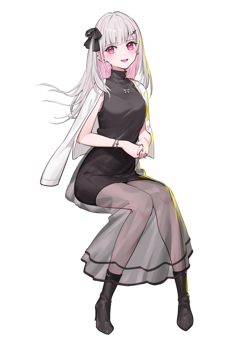 1girl absurdres asumi_sena black_dress black_footwear boots breasts cattleya_regina_games colored_inner_hair dress earrings fang grey_hair highres jewelry medium_breasts multicolored_hair necklace nemoto_yuuma open_mouth pink_eyes pink_hair simple_background sitting sleeveless sleeveless_turtleneck smile solo streaked_hair stud_earrings turtleneck turtleneck_dress virtual_youtuber vspo! white_background