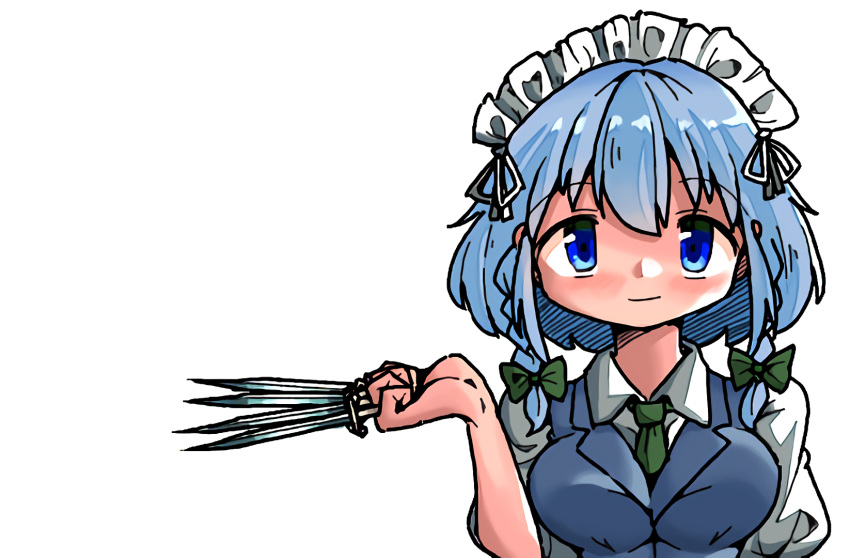 between_fingers blue_eyes blue_hair blue_jacket bow braid breasts closed_mouth green_bow green_necktie hair_bow hair_ribbon highres holding holding_knife holding_weapon izayoi_sakuya jacket kasuya_baian knife knives_between_fingers looking_at_viewer maid maid_headdress medium_hair multiple_hair_bows necktie puffy_short_sleeves puffy_sleeves ribbon ribbon-trimmed_headwear ribbon_trim short_sleeves simple_background smile touhou twin_braids weapon white_background