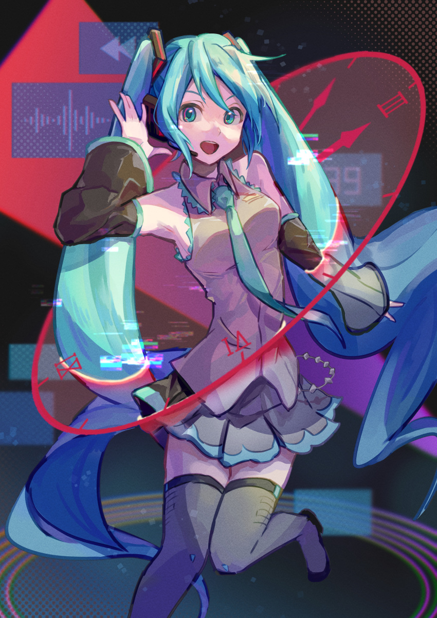 1girl 39 absurdres aqua_eyes aqua_hair aqua_necktie bare_shoulders black_background black_skirt black_sleeves black_thighhighs clock clock_hands commentary contrapposto detached_sleeves feet_out_of_frame grey_shirt hair_ornament halftone halftone_background hand_up hatsune_miku hatsune_miku_(nt) hatsune_miku_expo headphones headset highres layered_sleeves leg_up long_hair mikuni144 miniskirt necktie outstretched_hand piapro pleated_skirt rewind_button roman_numeral see-through see-through_sleeves shirt shoulder_tattoo skirt sleeveless sleeveless_shirt smile solo sound_wave standing tattoo thigh-highs transformation twintails very_long_hair vocaloid white_sleeves zettai_ryouiki