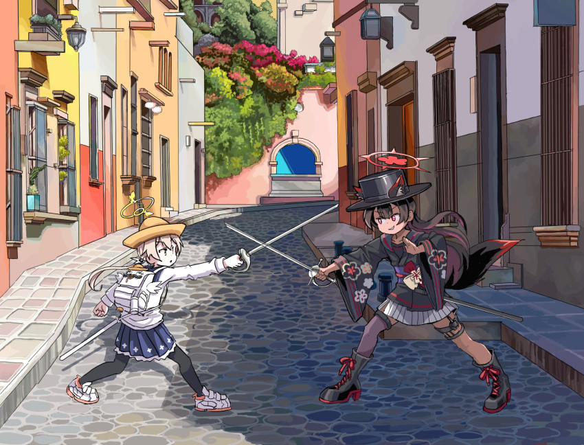 2girls animal_ear_fluff animal_ears asymmetrical_legwear backpack bag black_footwear black_hair black_pantyhose blue_archive boots brown_hair cityscape collarbone commentary english_commentary eyeshadow fencing fighting fighting_stance fox_ears fox_girl fox_tail full_body hair_between_eyes halo hat height_difference hifumi_(blue_archive) highres holding holding_sword holding_weapon japanese_clothes knee_boots long_hair long_sleeves looking_at_another low_twintails makeup mexico mismatched_legwear multiple_girls obi obiage outdoors pantyhose peroro_(blue_archive) pleated_skirt red_eyes red_eyeshadow sash scenery school_uniform serafuku sidelocks sixten skirt sombrero spread_legs sword tail top_hat twintails wakamo_(blue_archive) weapon wide_sleeves wing_hair_ornament yellow_eyes
