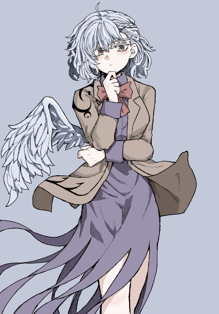 1girl ahoge bow bowtie brown_jacket closed_mouth commentary dress fe_(tetsu) grey_background grey_hair highres jacket kishin_sagume looking_at_viewer purple_dress red_bow red_bowtie red_eyes short_hair simple_background single_wing solo touhou wings
