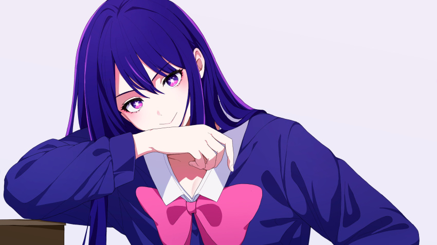 1girl arm_support blue_jacket bow closed_mouth collarbone collared_shirt commentary hair_between_eyes highres hoshino_ai_(oshi_no_ko) imzeo jacket long_hair long_sleeves multicolored_eyes oshi_no_ko pink_bow purple_hair school_uniform shirt sidelocks simple_background solo star-shaped_pupils star_(symbol) symbol-shaped_pupils violet_eyes white_background white_shirt youtou_high_school_uniform