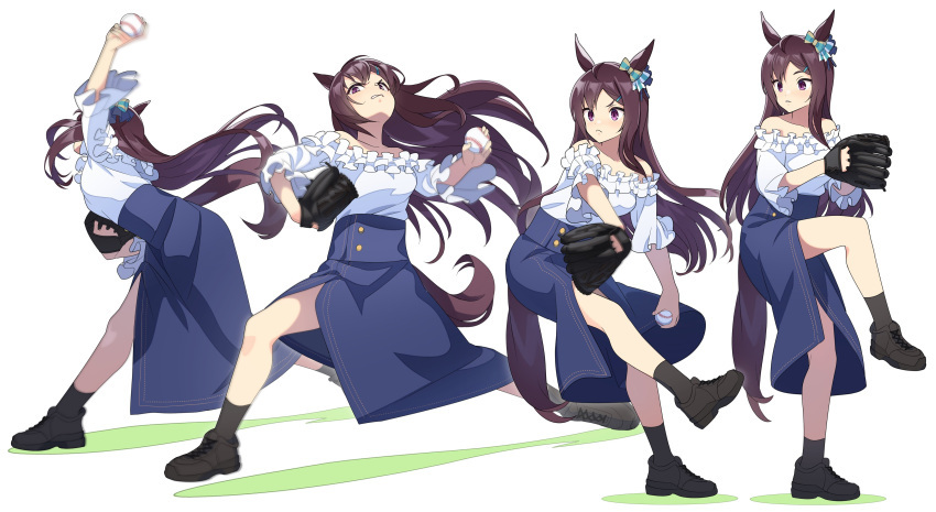 1girl absurdres animal_ears ball bare_shoulders baseball baseball_mitt black_footwear black_socks blue_skirt breasts brown_hair closed_mouth ear_bow floating_hair frown full_body hair_ornament hairclip high-waist_skirt highres holding holding_ball horse_ears horse_girl horse_tail long_hair looking_afar mejiro_dober_(umamusume) motion_blur multiple_views nishiki_kazue off-shoulder_shirt off_shoulder pitching sequential shirt shirt_tucked_in shoes skirt small_breasts sneakers socks standing standing_on_one_leg tail throwing umamusume v-shaped_eyebrows white_background white_shirt