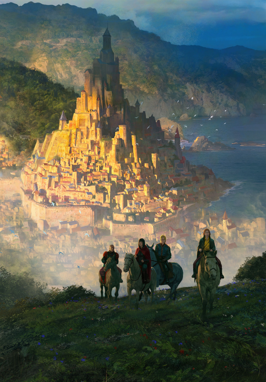 1girl 3boys architecture bald bird black_hair blonde_hair building castle city fantasy flower grass highres hill horse horseback_riding landscape light_brown_hair looking_at_viewer marcsimonetti medieval medium_hair mountain multiple_boys original outdoors riding saddle scenery sheath short_hair sky spire standing tower white_horse