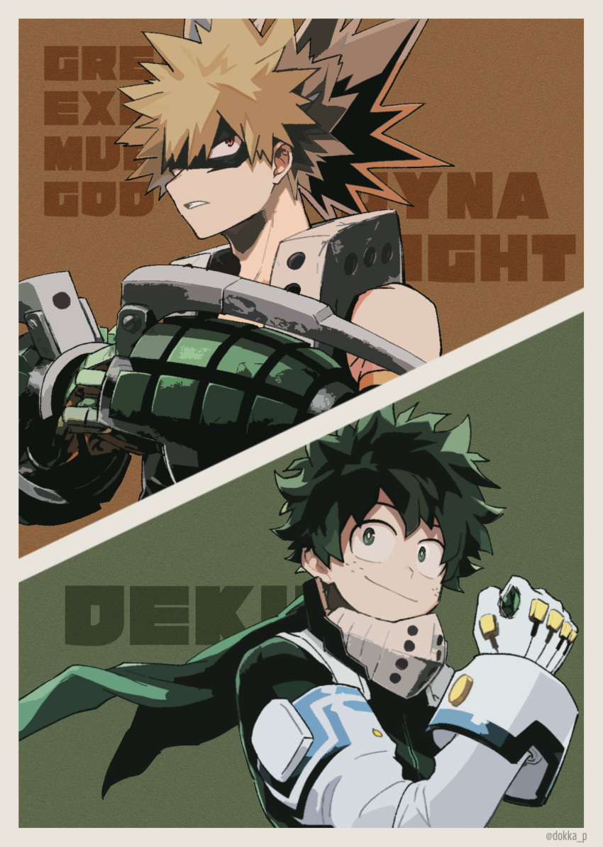 2boys bakugou_katsuki black_mask blonde_hair bodysuit boku_no_hero_academia bright_pupils character_name clenched_hand closed_mouth curly_hair detached_sleeves dokka_p eye_mask eyebrows_hidden_by_hair fist_in_hand floating_clothes freckles from_side gloves green_bodysuit green_gloves green_hair hair_between_eyes hand_up hands_up headgear highres looking_at_another looking_to_the_side male_focus midoriya_izuku multiple_boys orange_gloves pac-man_eyes panels parted_lips profile red_eyes sanpaku short_hair sideways_glance sideways_mouth sleeveless slit_pupils smile spiky_hair text_background two-tone_gloves upper_body white_gloves white_pupils