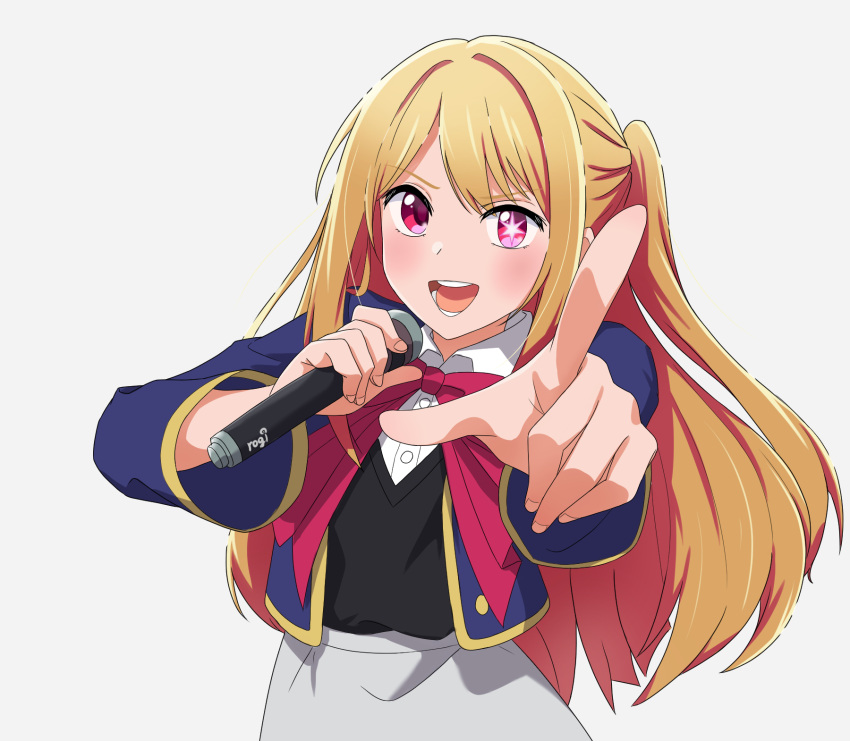 1girl artist_name black_vest blonde_hair blue_jacket blush bow collared_shirt commentary cropped_jacket grey_skirt highres hoshino_ruby jacket long_hair music one_side_up open_mouth oshi_no_ko pink_bow pink_eyes pink_ribbon pointing pointing_at_viewer ribbon rogi0615 school_uniform shirt sidelocks simple_background singing skirt solo star-shaped_pupils star_(symbol) symbol-shaped_pupils teeth vest white_background white_shirt youtou_high_school_uniform